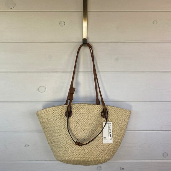 Skvayemen Handbags - Saks Fifth Avenue Natural Straw Tote with Brown Leather Straps